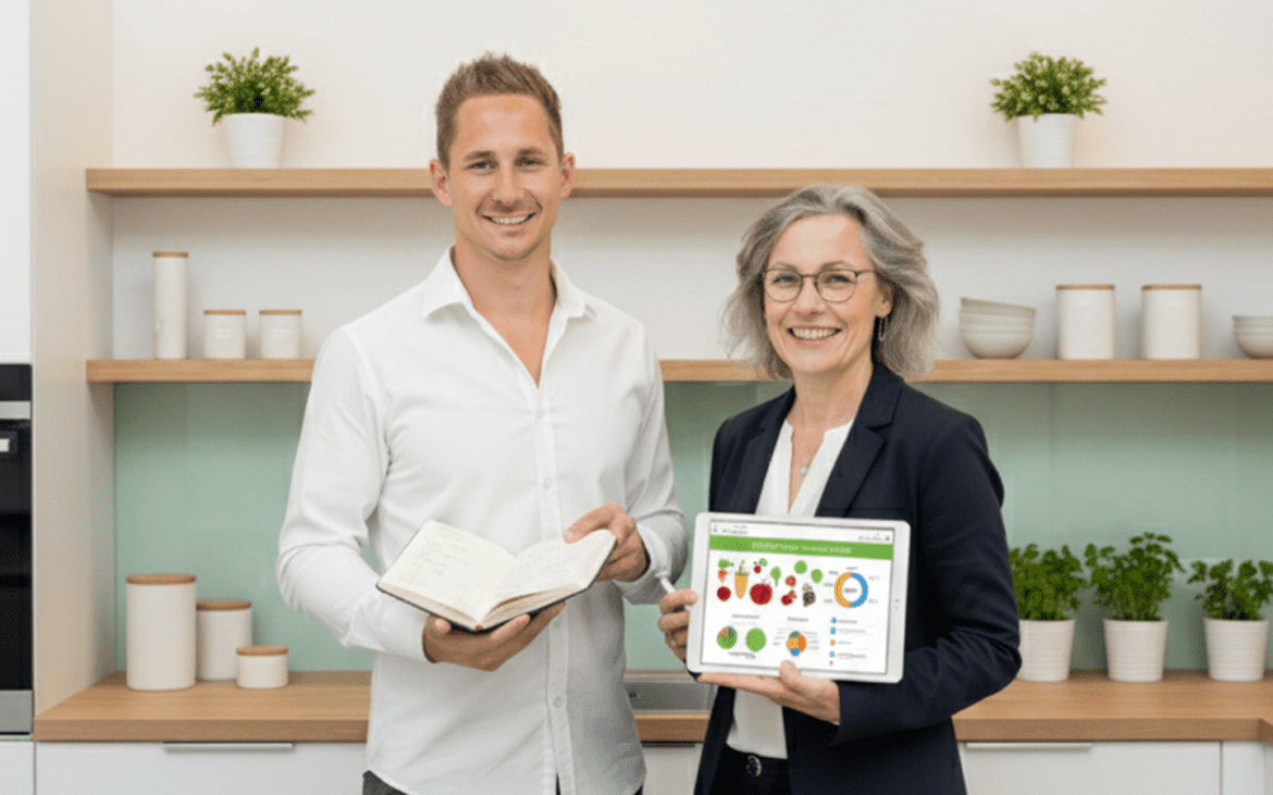 Patrick und Joanne in der Küche mit Buch und Tablet