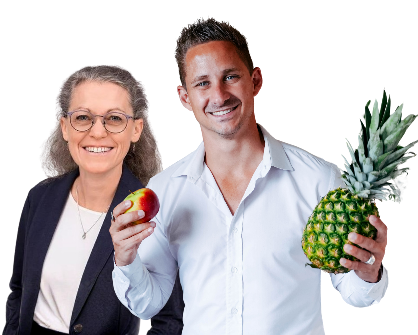 Patrick und Joanne von FRUCTOPEDIA mit Apfel und Ananas
